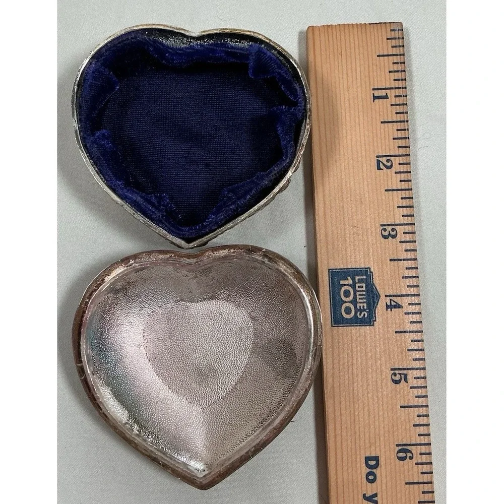 VTG Ornate Heart Shaped Jewelry Trinket Box Silver Tone Blue Velvet Lined 3.25